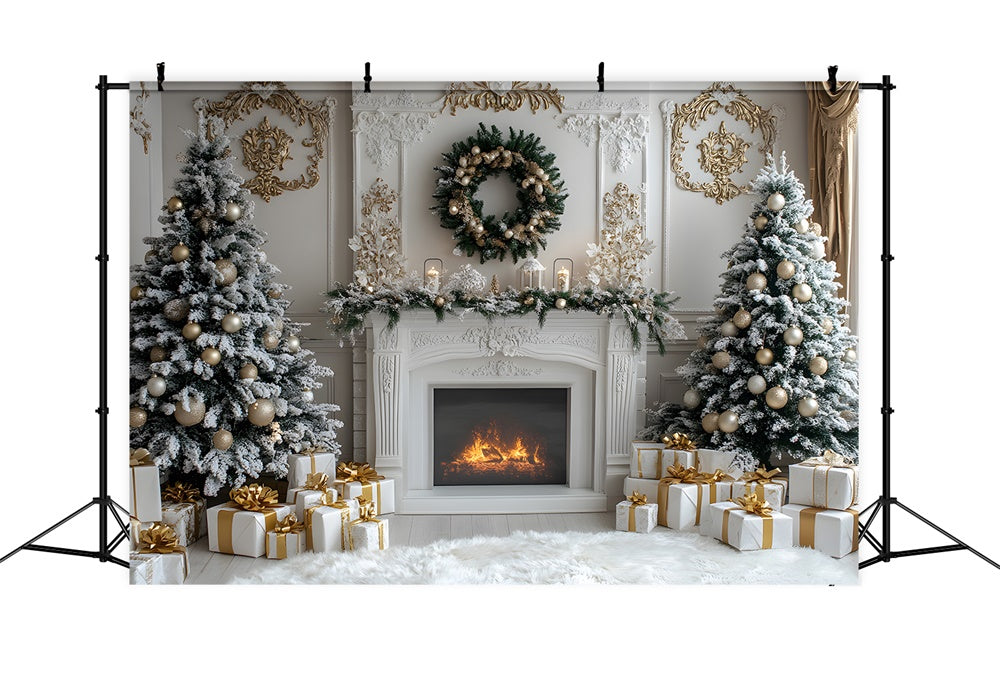 White Fireplace Christmas Trees Wreath Backdrop RR8-38