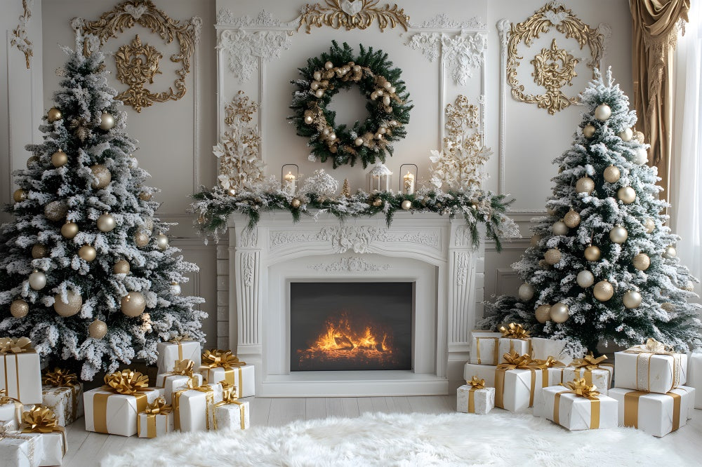 White Fireplace Christmas Trees Wreath Backdrop RR8-38