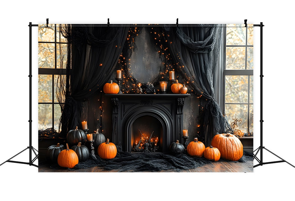 Halloween Black Fireplace Pumpkins Backdrop RR8-382