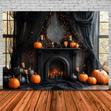 Halloween Black Fireplace Pumpkins Backdrop RR8-382