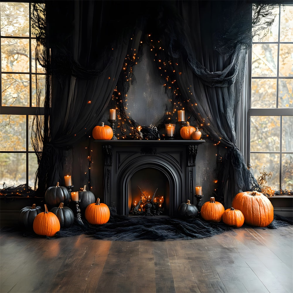 Halloween Black Fireplace Pumpkins Backdrop RR8-382