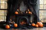 Halloween Black Fireplace Pumpkins Backdrop RR8-382