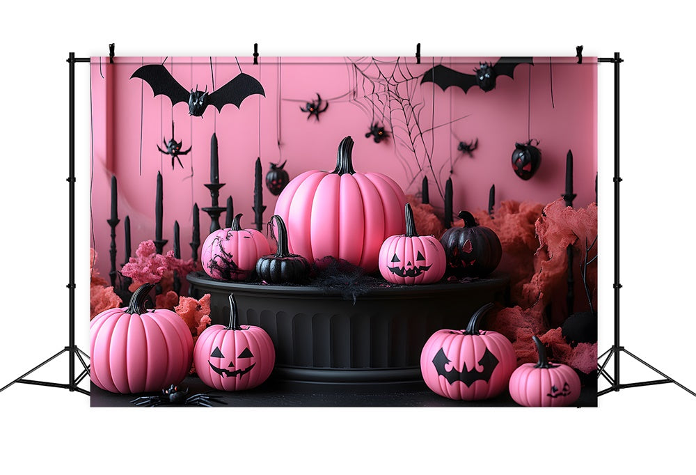 Halloween Pink Wall Pumpkins Bats Backdrop RR8-388