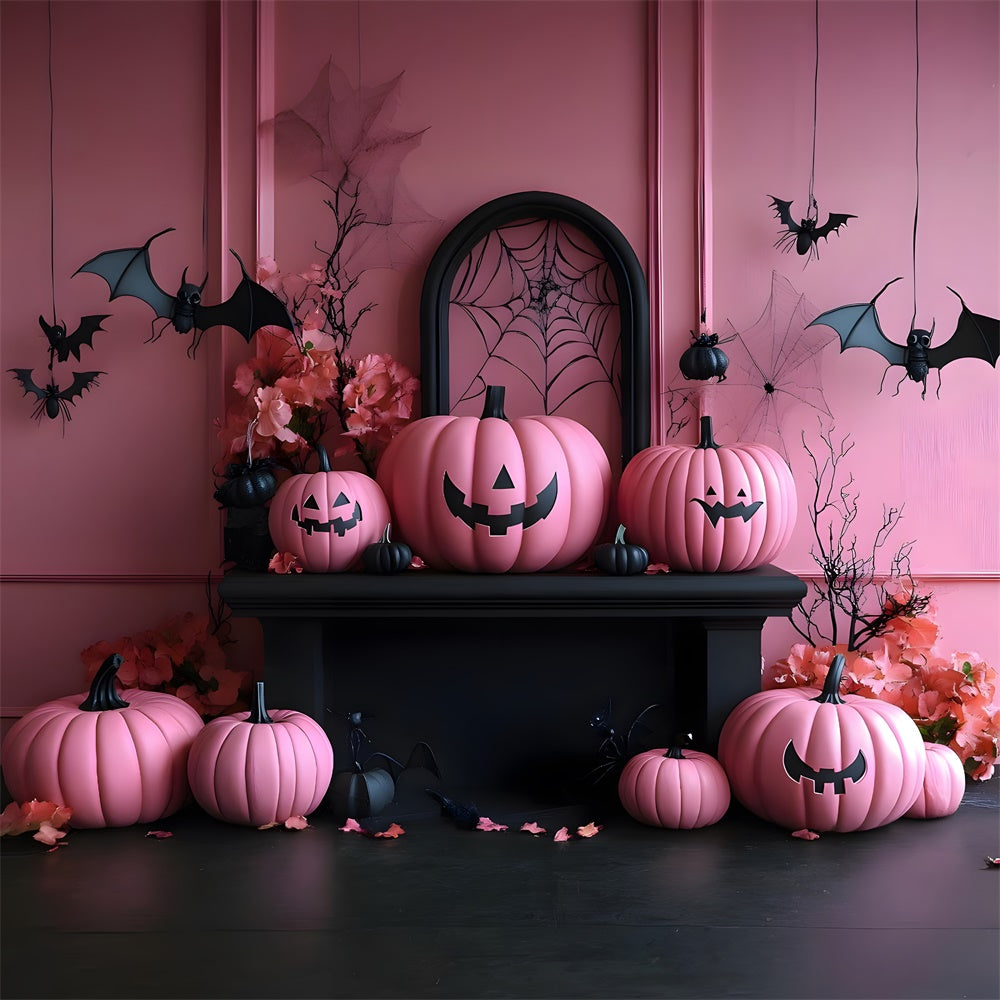 Halloween Pink Evils Pumpkins Bats Backdrop RR8-389