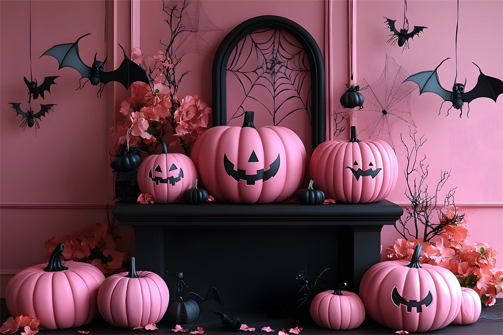 Halloween Pink Evils Pumpkins Bats Backdrop RR8-389