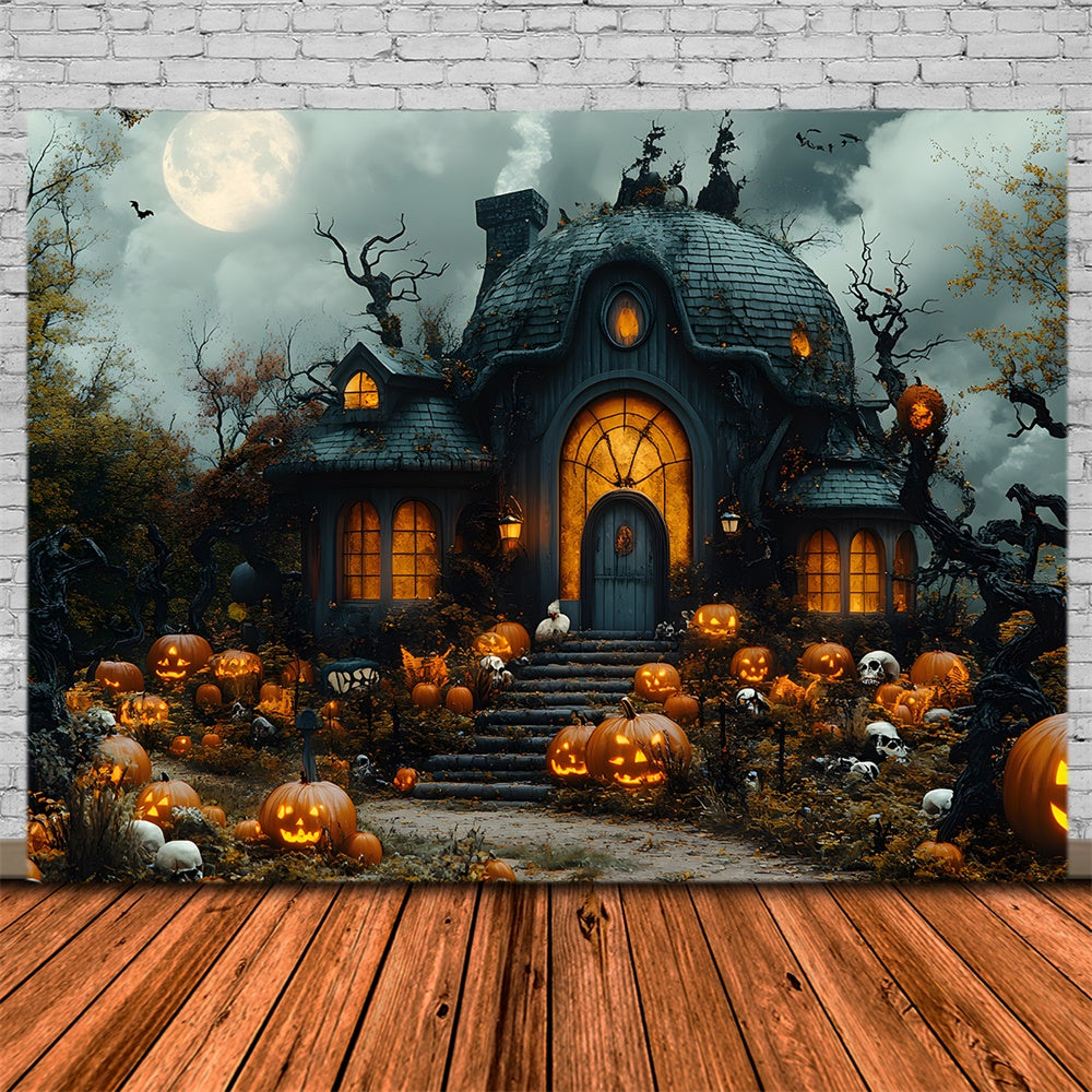 Halloween Horror Witch House Pumpkins Backdrop RR8-391