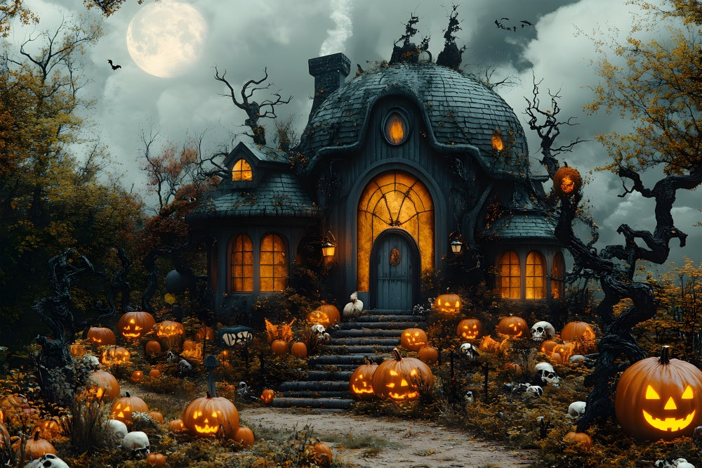 Halloween Horror Witch House Pumpkins Backdrop RR8-391