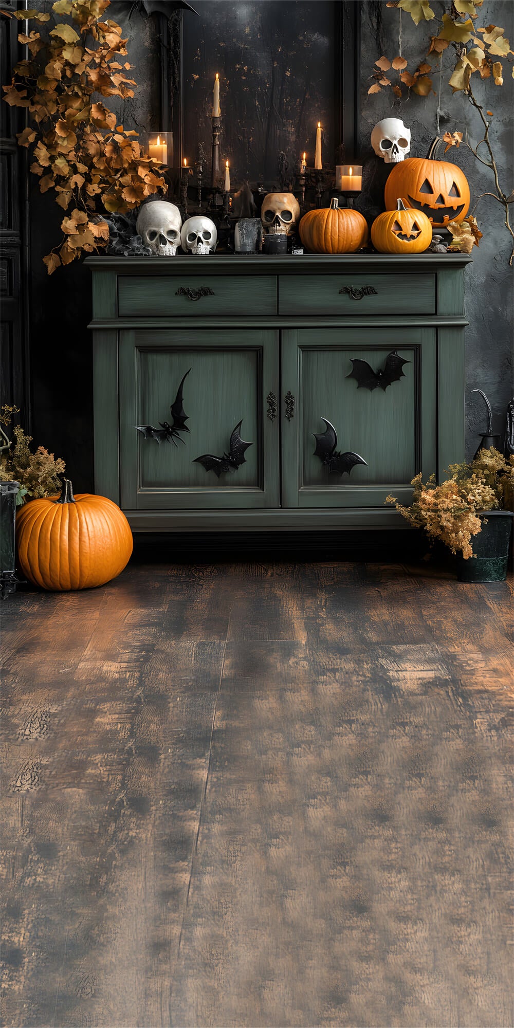 Halloween Wood Floor Sweep Pumpkin Bats Backdrop RR8-396