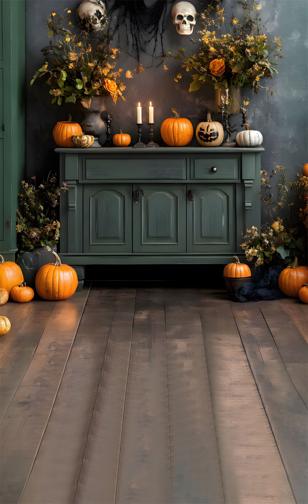 Halloween Pumpkin Candle Wood Floor Sweep Backdrop RR8-397