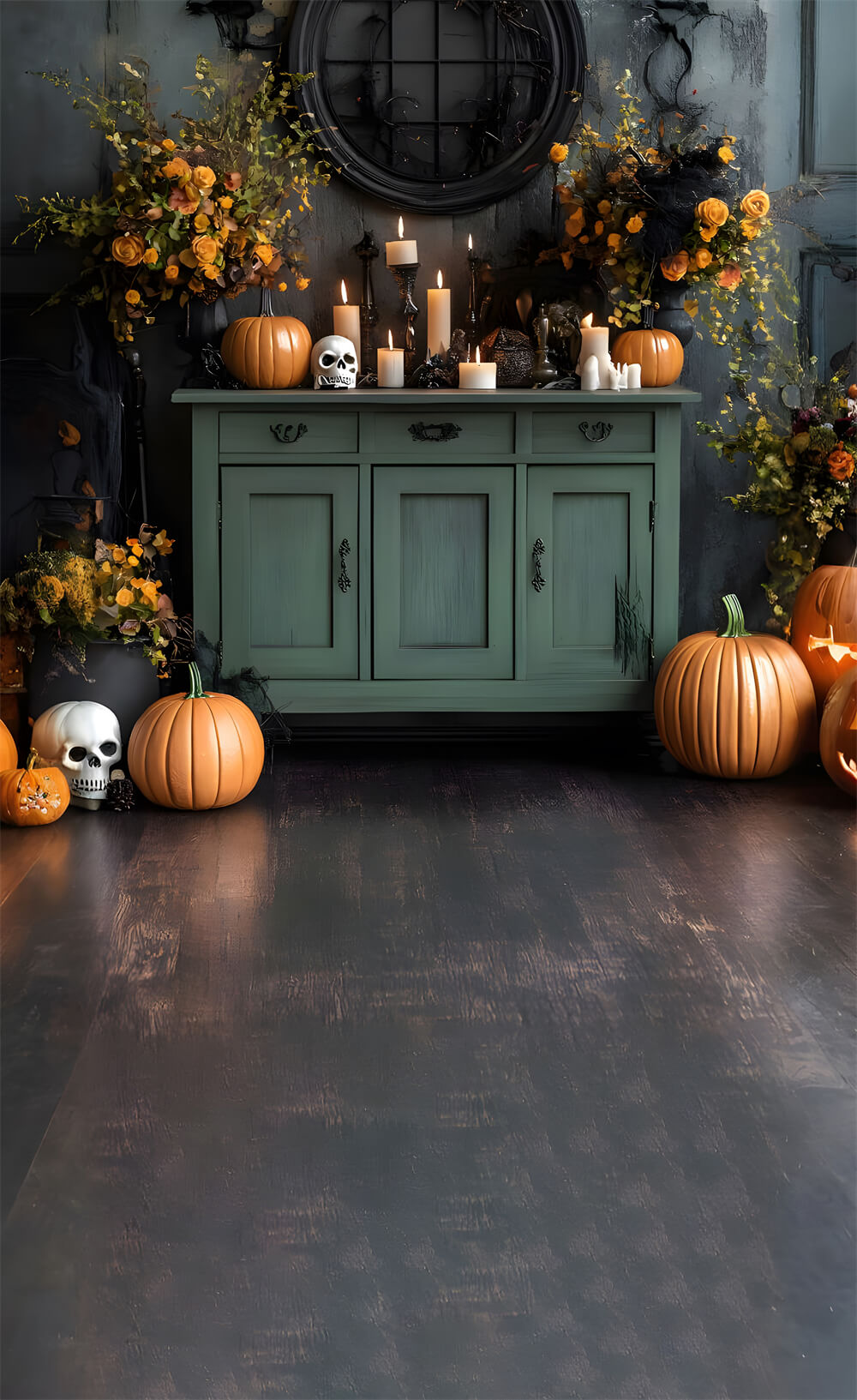 Halloween Rustic Sweep Flowers Pumpkin Backdrop RR8-398