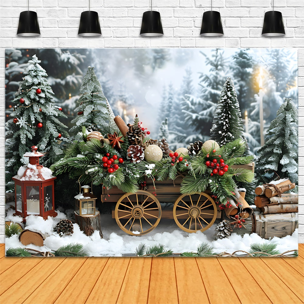 Christmas Snow Wooden Cart Fir Trees Backdrop RR8-4