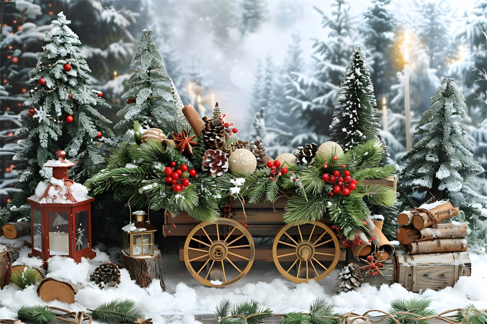 Christmas Snow Wooden Cart Fir Trees Backdrop RR8-4