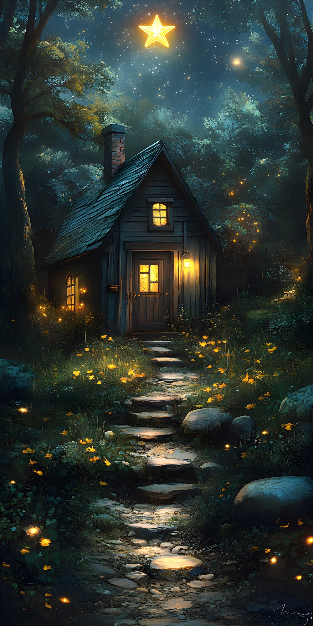 Forest Stone Path Sweep Starry Night House Backdrop RR8-402