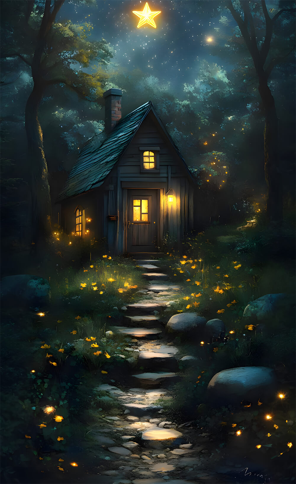 Forest Stone Path Sweep Starry Night House Backdrop RR8-402