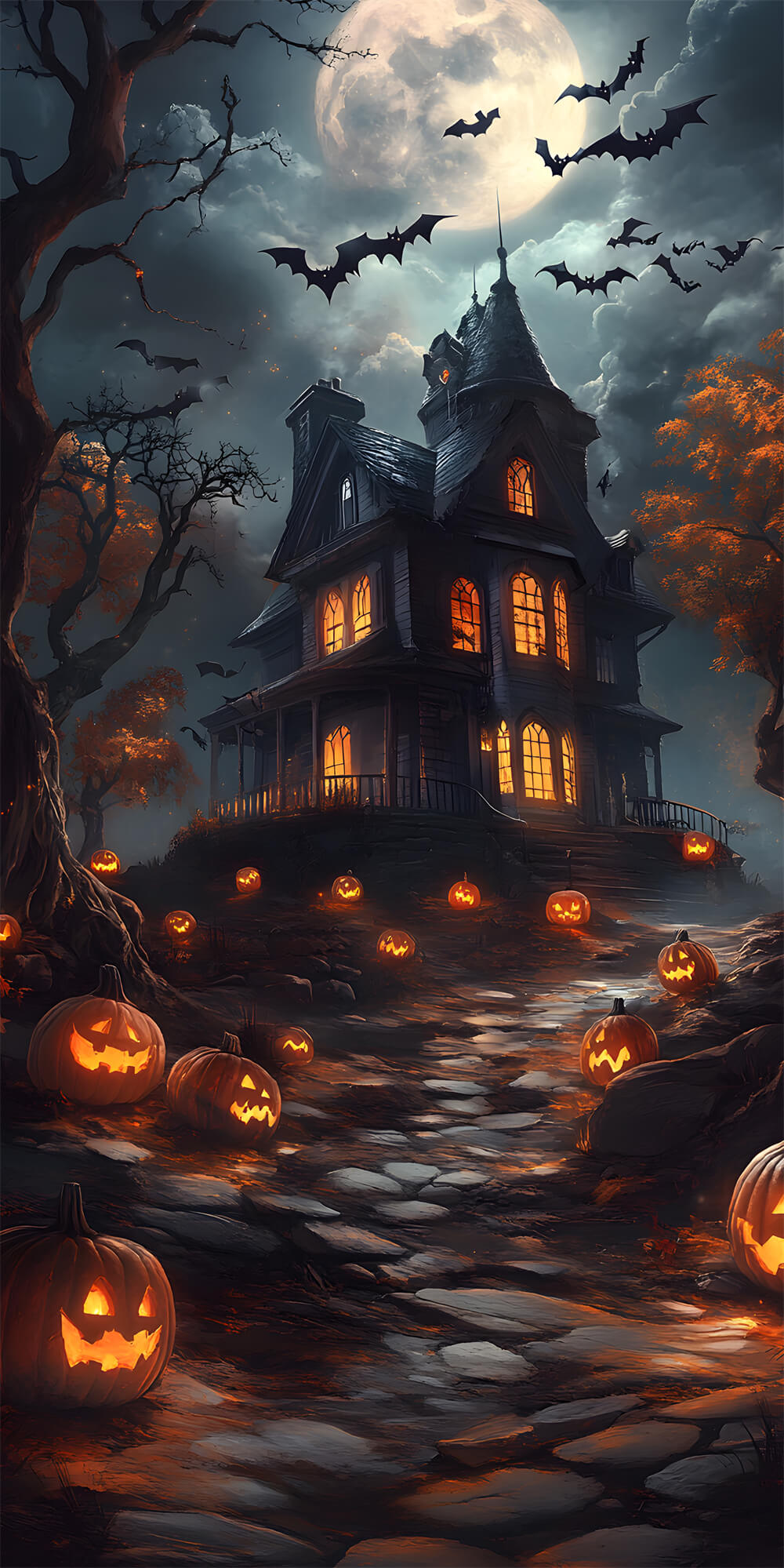 Halloween Pumpkin Sweep Witch House Moon Backdrop RR8-404