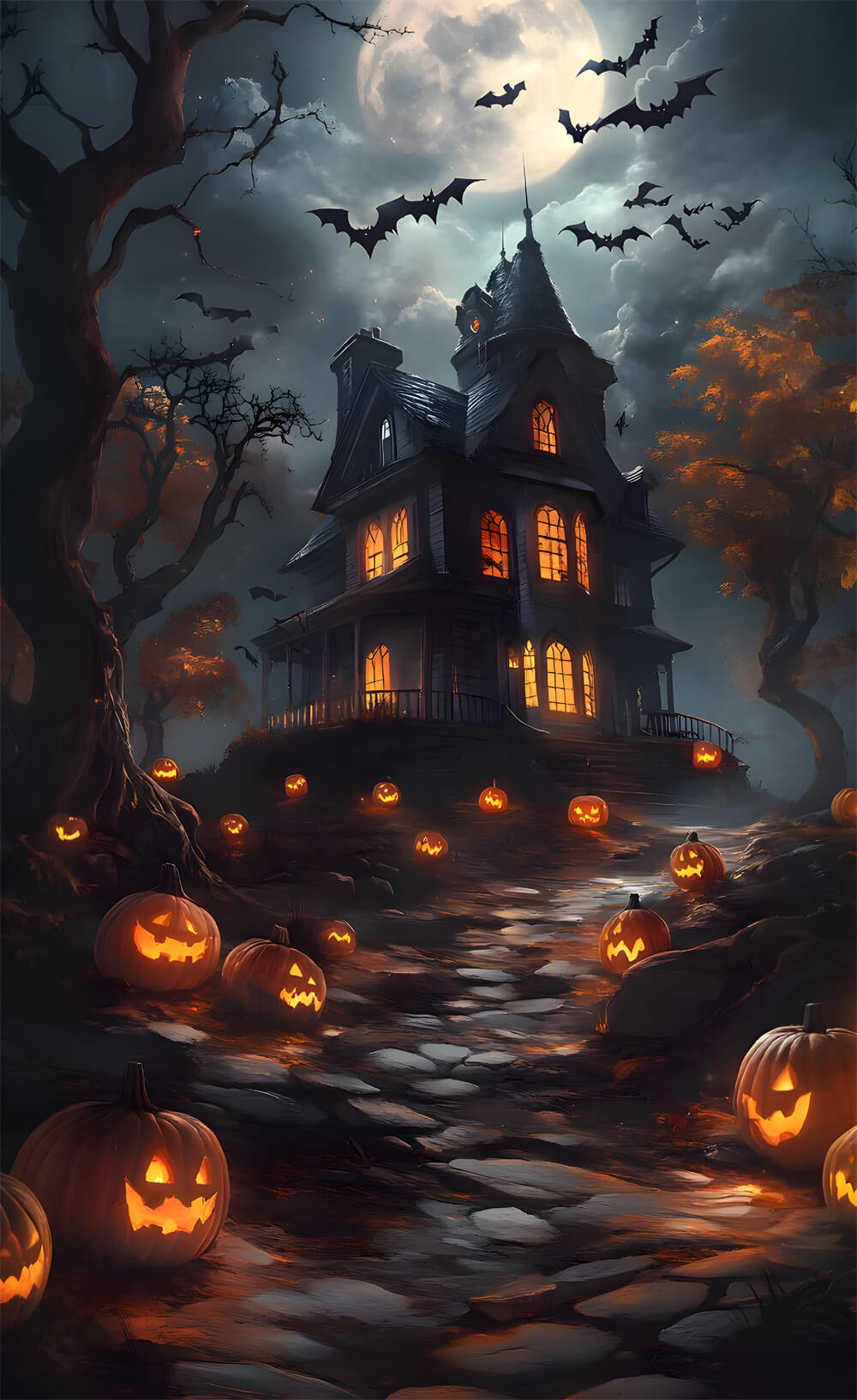 Halloween Pumpkin Sweep Witch House Moon Backdrop RR8-404