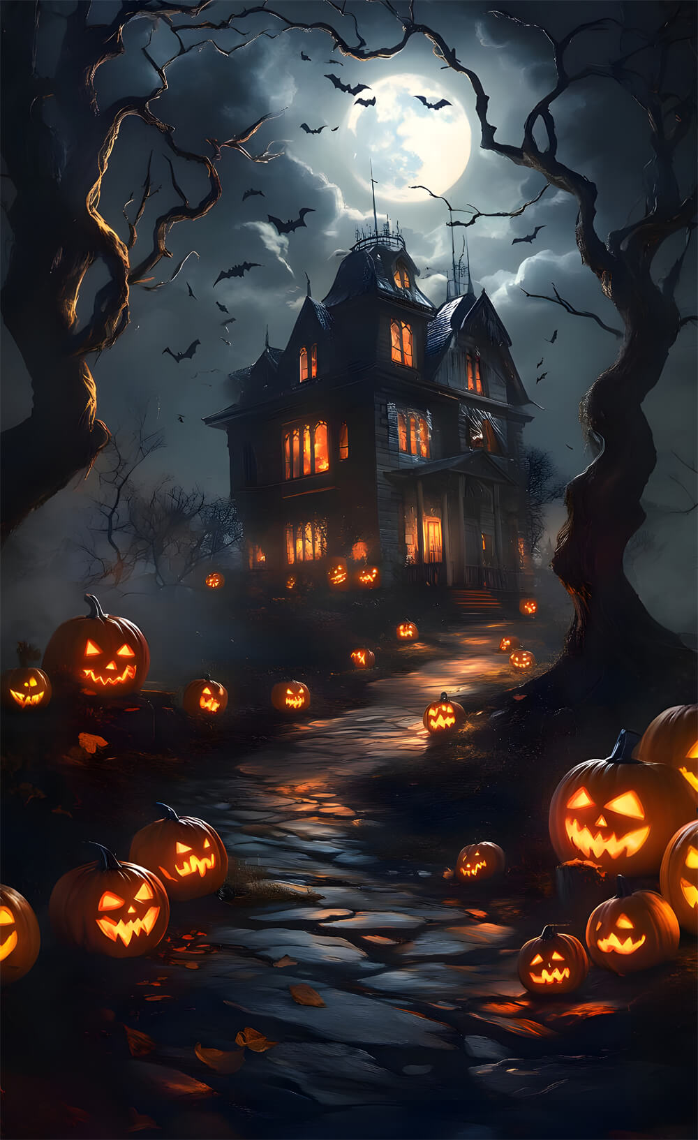 Halloween Night  Moon Sweep Haunted House Backdrop RR8-405