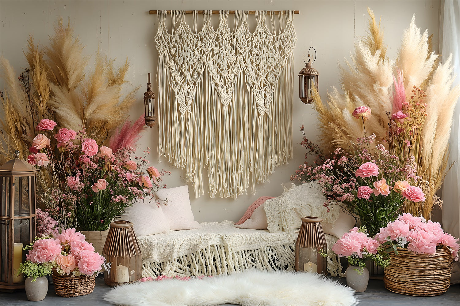 Boho Pampas Floral Macrame Lounge Backdrop RR8-414