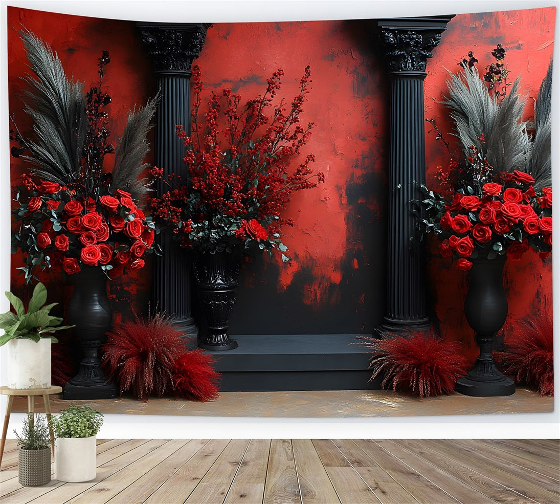 Gothic Red Rose Black Column Boho Backdrop RR8-420