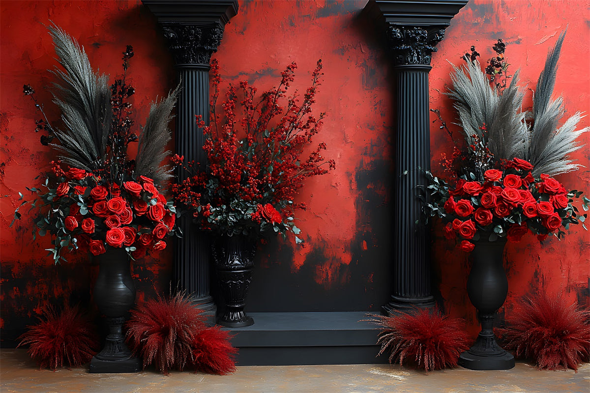 Gothic Red Rose Black Column Boho Backdrop RR8-420