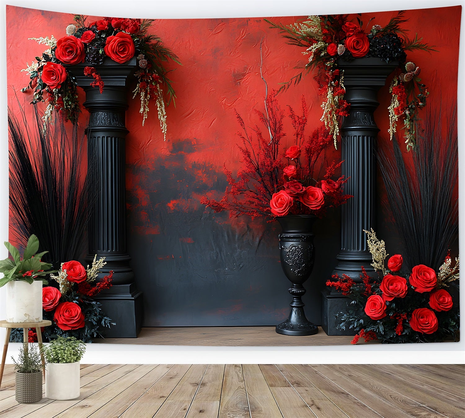 Dramatic Red Black Boho Floral Backdrop RR8-421