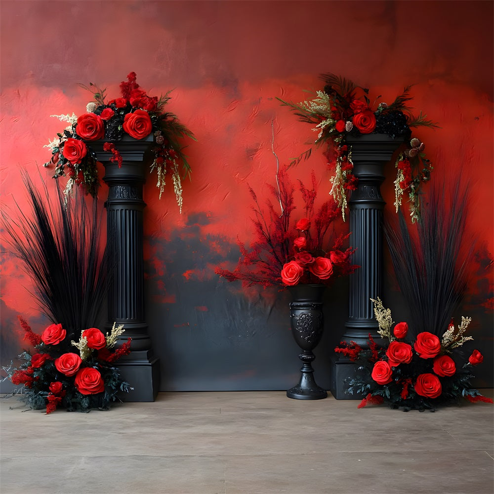 Dramatic Red Black Boho Floral Backdrop RR8-421