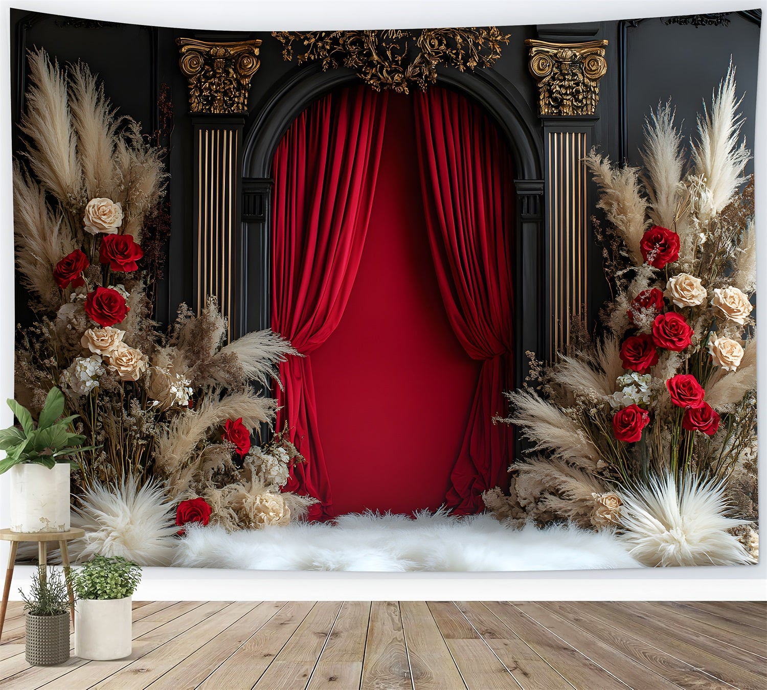 Luxurious Red Velvet Boho Curtain Backdrop RR8-423