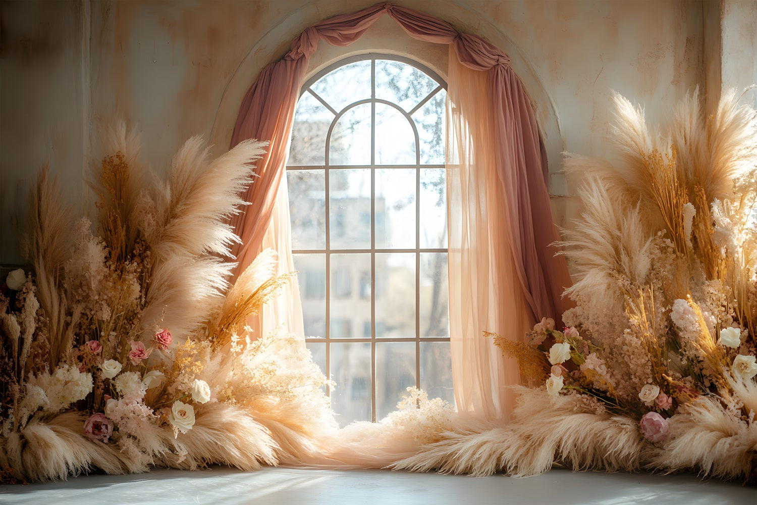 Soft Pampas Boho Window Arch Backdrop RR8-426