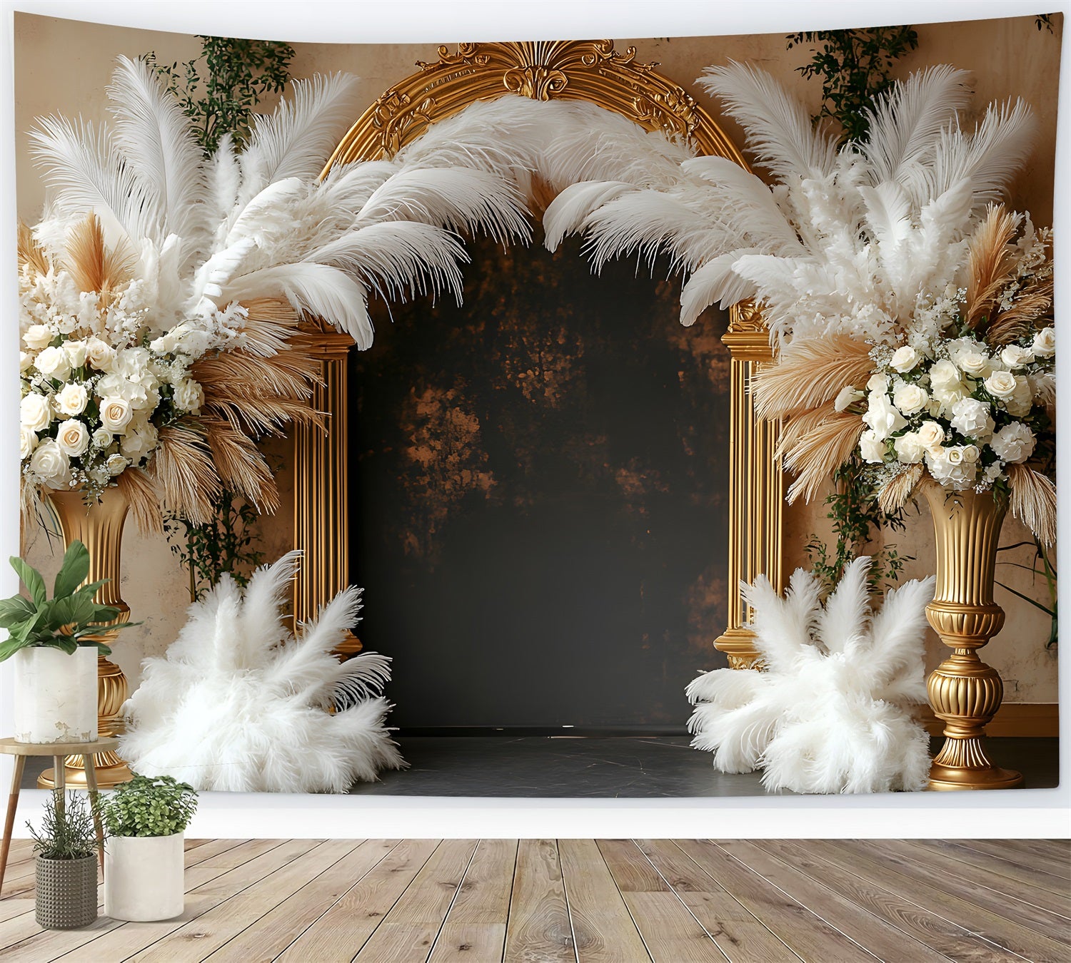 Opulent Gold and Feather Boho Arch Backdrop RR8-447