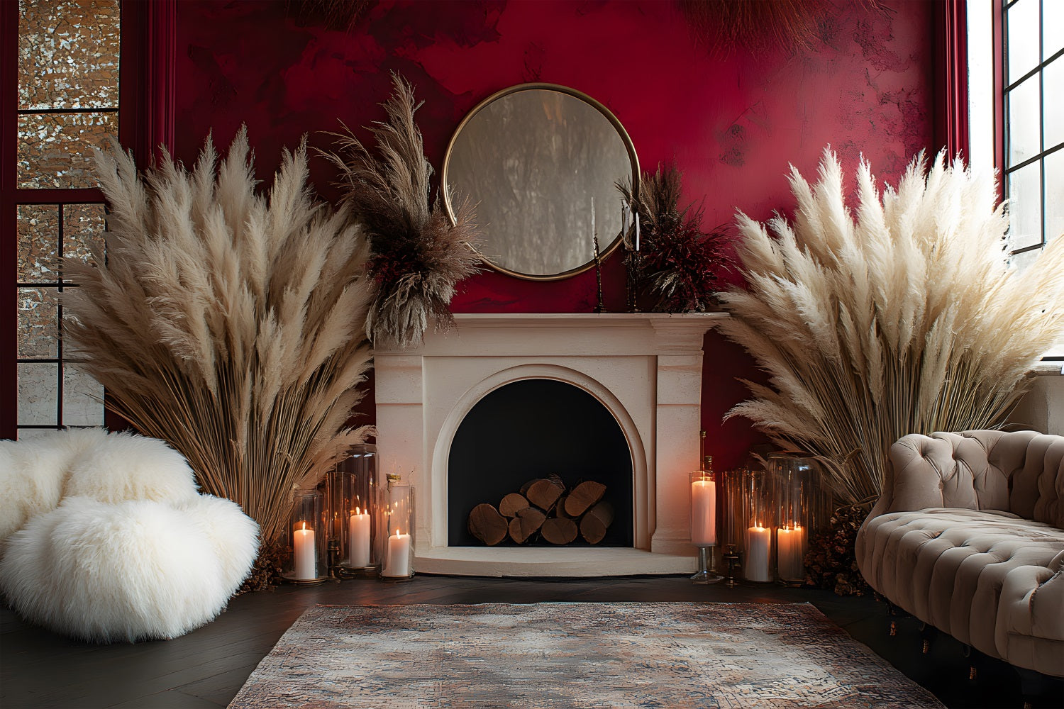 Luxe Boho Fireplace Pampas Backdrop RR8-454