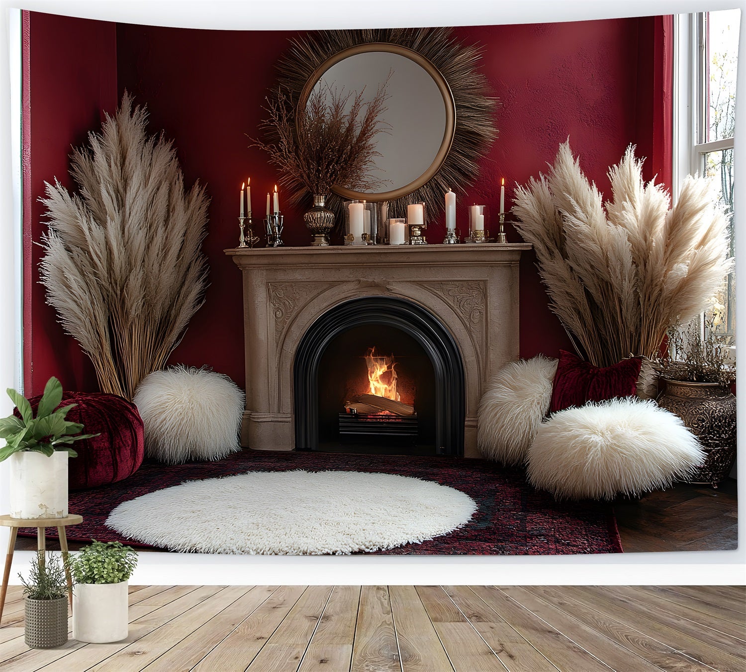 Cozy Boho Pampas Fireplace Backdrop RR8-455