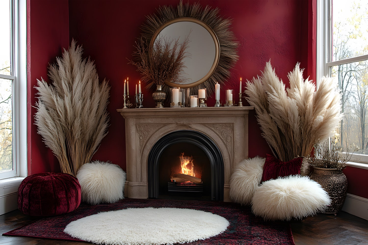 Cozy Boho Pampas Fireplace Backdrop RR8-455