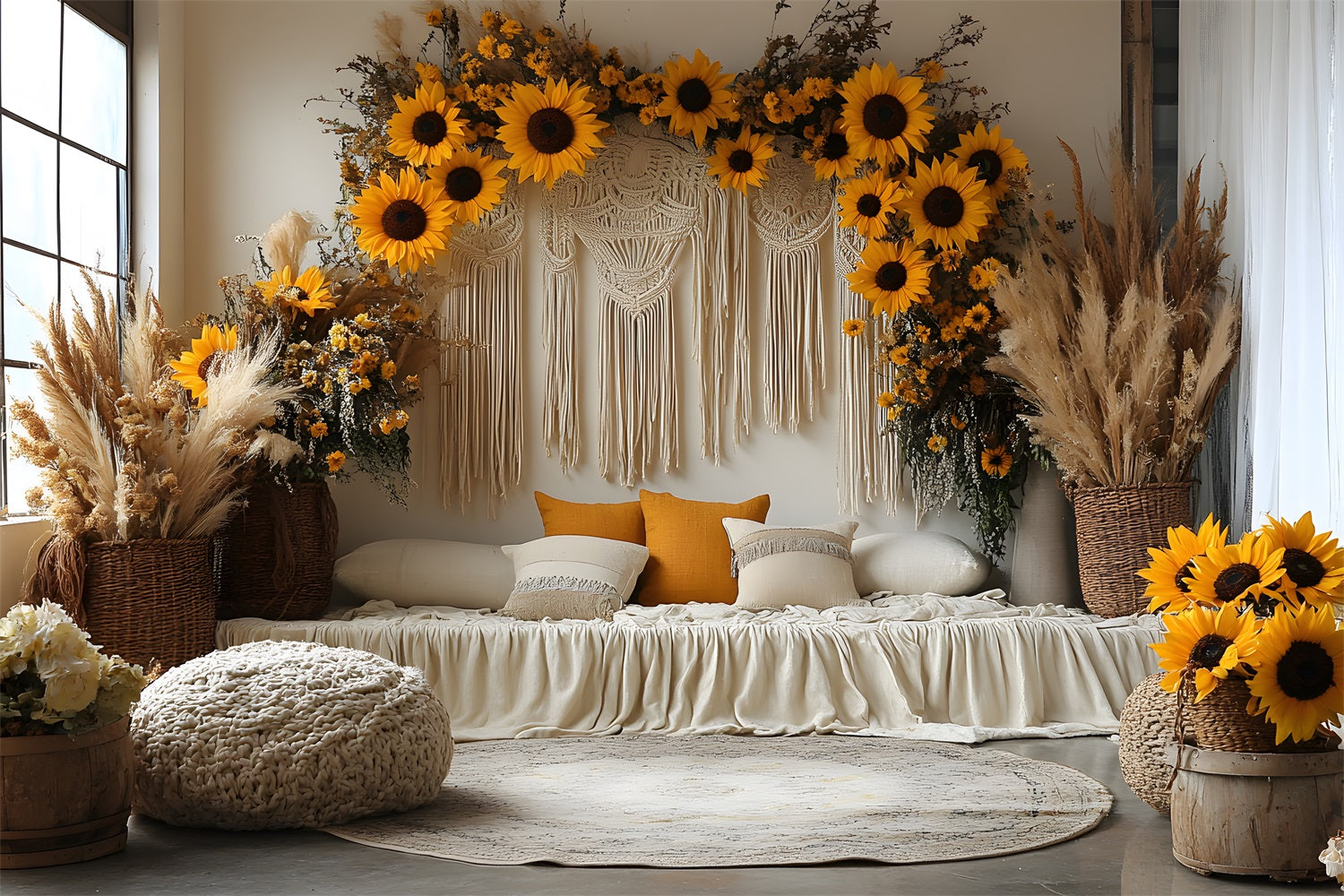 Sunflower Macrame Boho Lounge Backdrop RR8-456