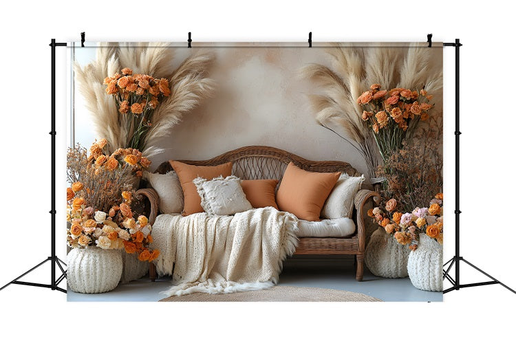 Warm Boho Rattan and Pampas Backdrop RR8-457