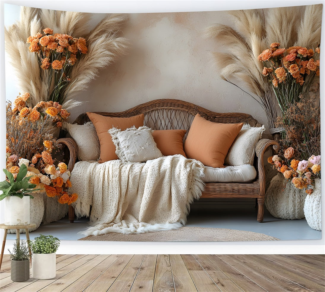 Warm Boho Rattan and Pampas Backdrop RR8-457