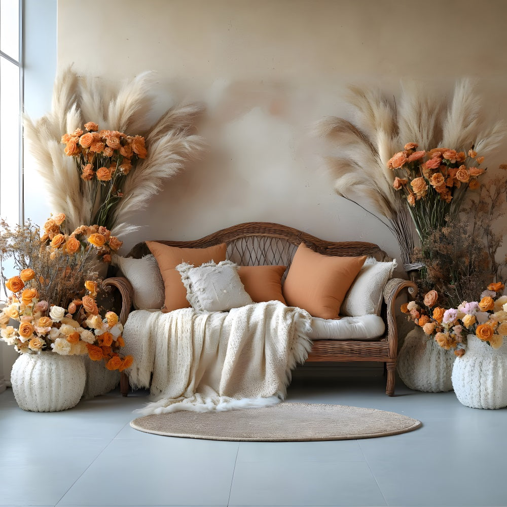 Warm Boho Rattan and Pampas Backdrop RR8-457