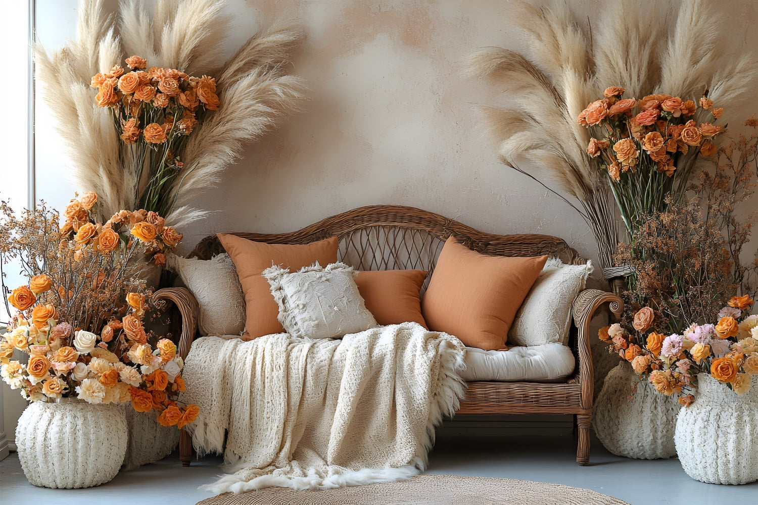 Warm Boho Rattan and Pampas Backdrop RR8-457