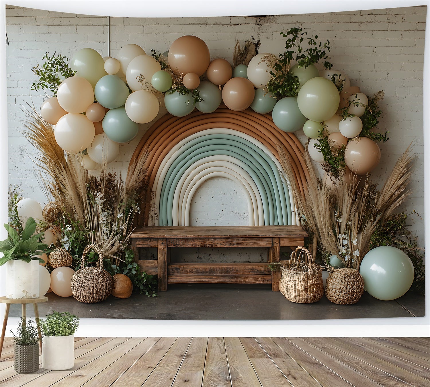 Neutral Boho Rainbow Balloon Backdrop RR8-458