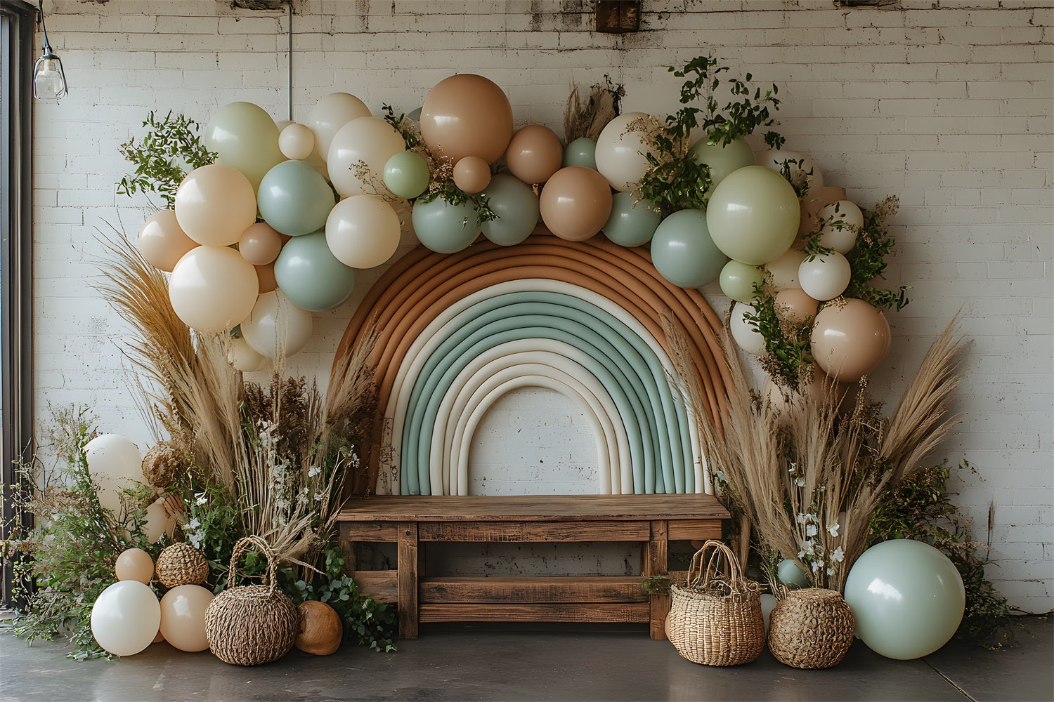 Neutral Boho Rainbow Balloon Backdrop RR8-458