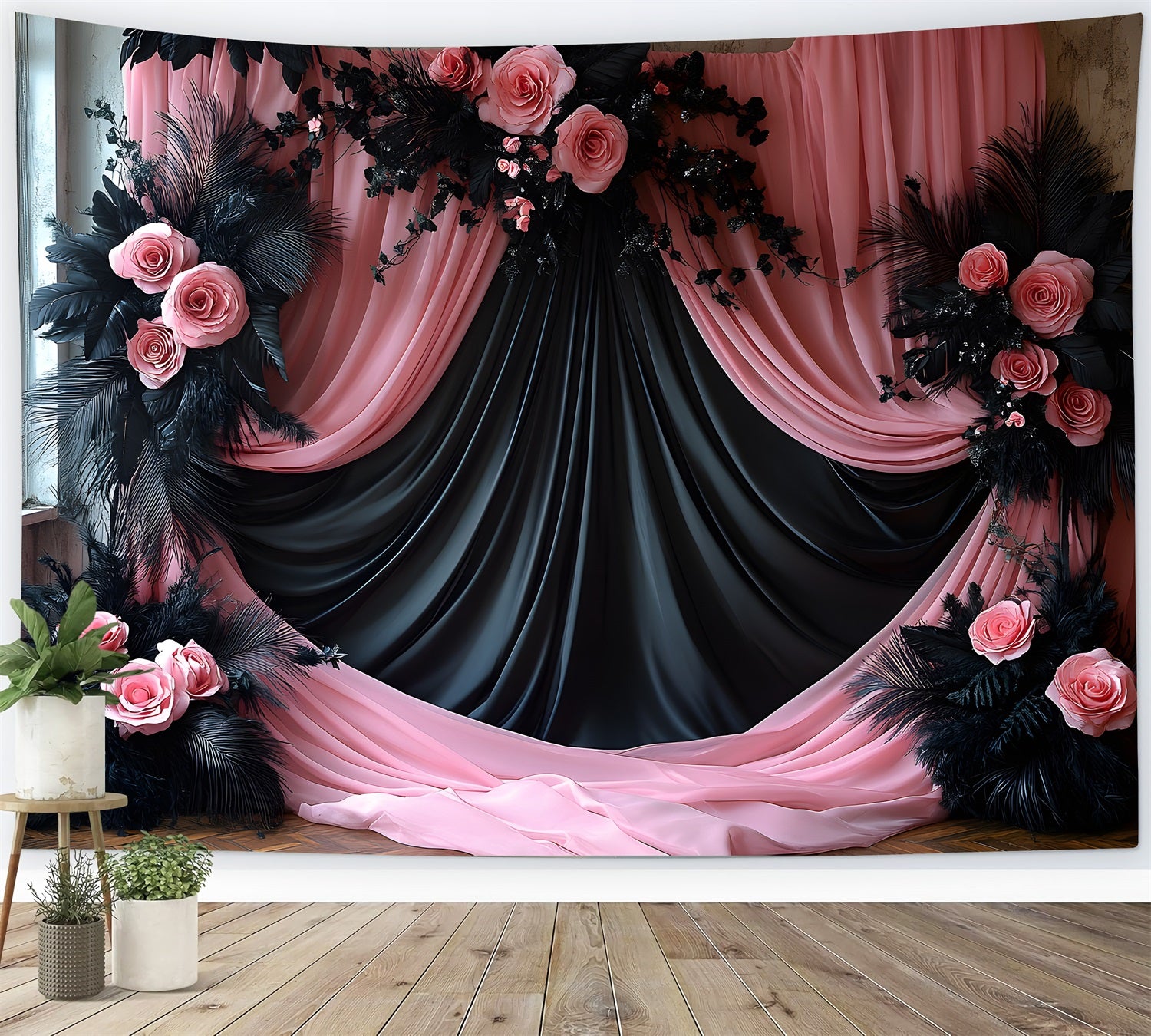 Black Blush Pink Curtain Boho Backdrop RR8-473