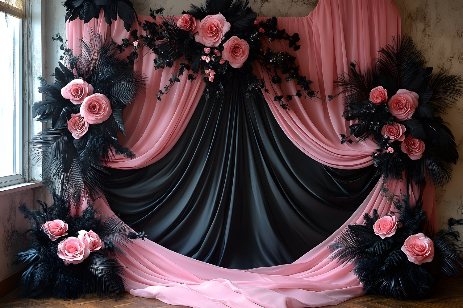 Black Blush Pink Curtain Boho Backdrop RR8-473