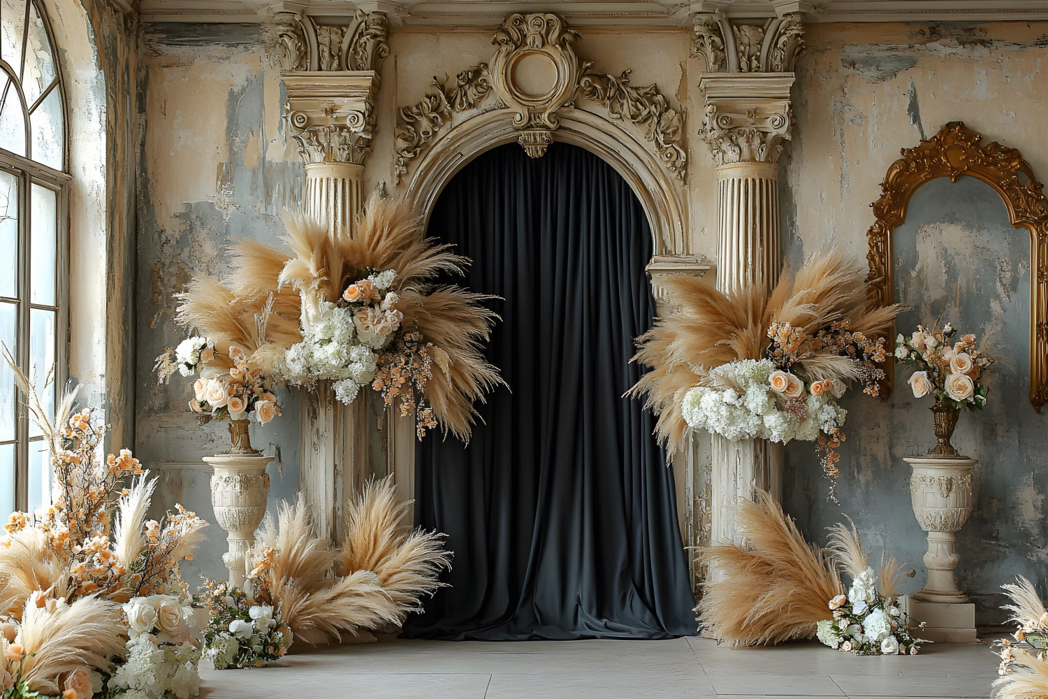 Organic Neutral Pampas Roses Boho Backdrop RR8-496