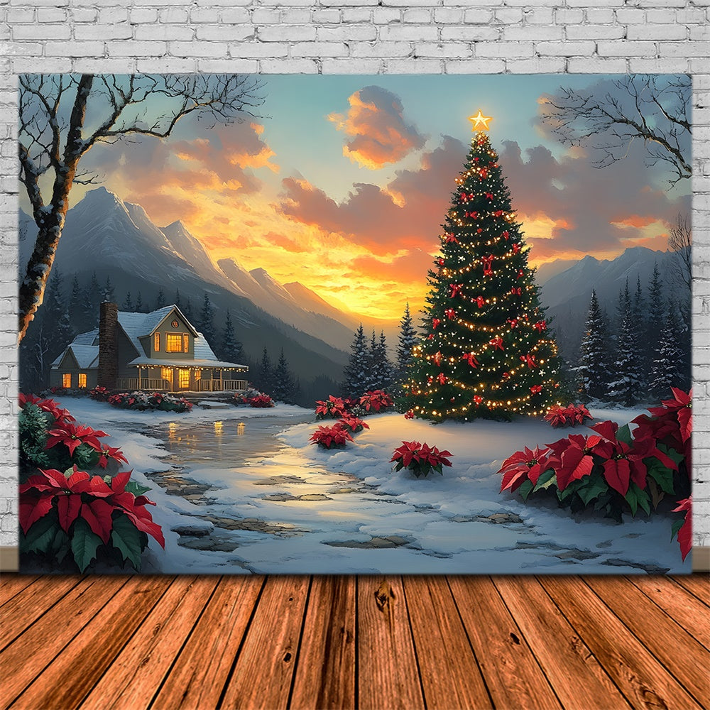 Christmas Tree Village Cottage Sunset Backdrop RR8-52