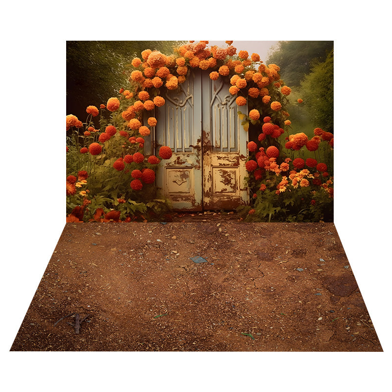 Fall Wreath Door Backdrop+Ground Dirt Floor Backdrop RR8-522