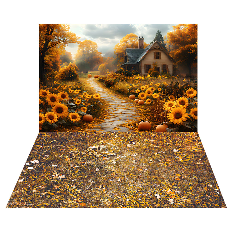 Fall Sunflower Trail Backdrop+Withered Grass Floor Backdrop RR8-526