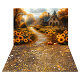 Fall Sunflower Trail Backdrop+Withered Grass Floor Backdrop RR8-526