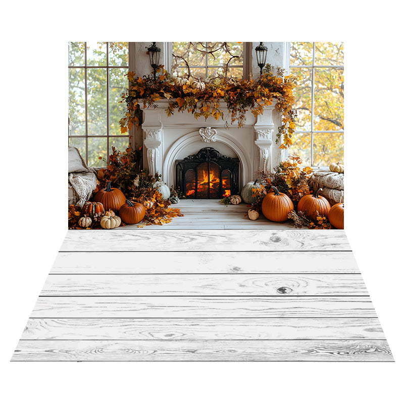 Autumn Pumpkin Fireplace Backdrop+White Wood Floor Backdrop RR8-529