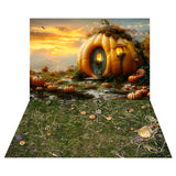 Pumpkin House Fall Backdrop+Grass Leaves Floor Backdrop RR8-531