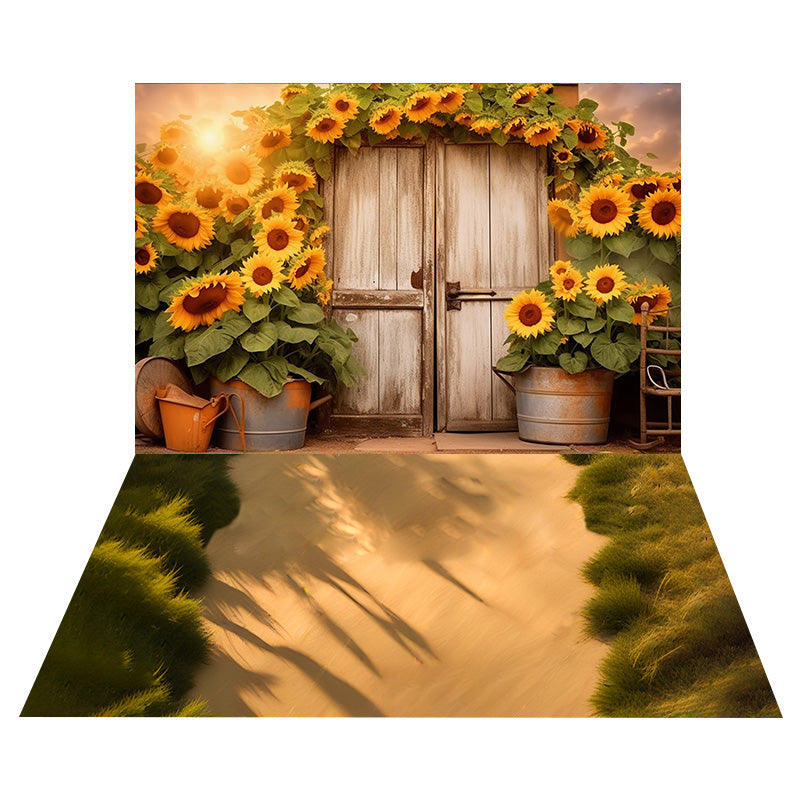 Autumn Sunflowers Door Backdrop+Grassland Floor Backdrop RR8-538