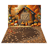 Fall Wooden House Backdrop+Maple Leaves Floor Backdrop RR8-540